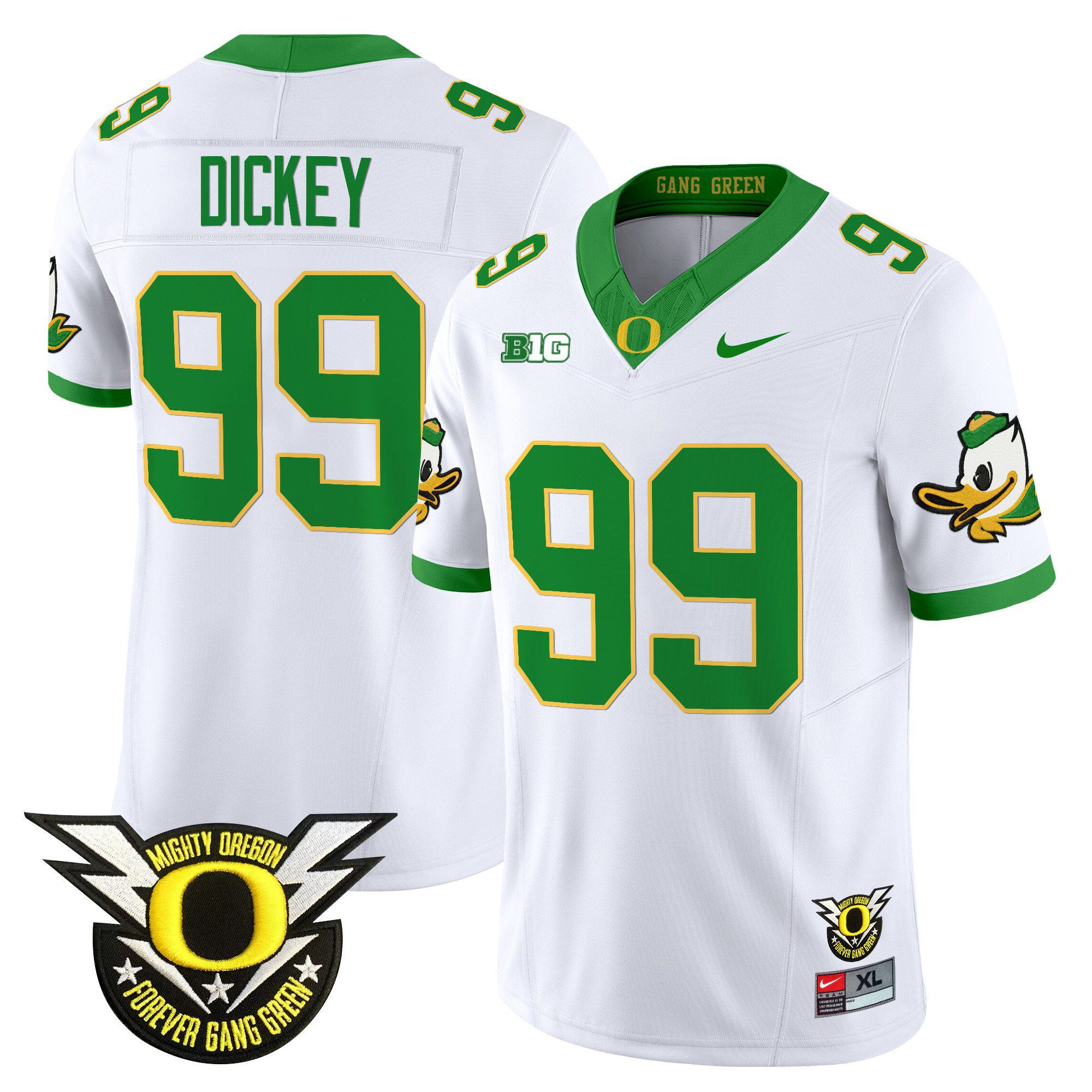 Men Oregon Ducks #99 Dickey White 2024 Nike Forever Gang Green & BIG Patch Vapor Limited NCAA Jersey